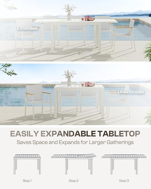 All-Aluminum Expandable Outdoor Patio Dining Table for 4-8 Person, All-Weather Rectangular Outdoor Table(48"-79") with Smooth Cilde Rails & Secure Locking Handle for Garden, Indoor, White
