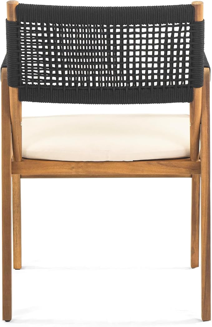Christopher Knight Home Pasco Acacia Wood Outdoor Dining Table Set for 6, Wicker Patio Dining Set with Acacia Wood Table and Bench, Patio Table and Chair Set with Cushion+Rope Backrest,Black+Teak+Grey