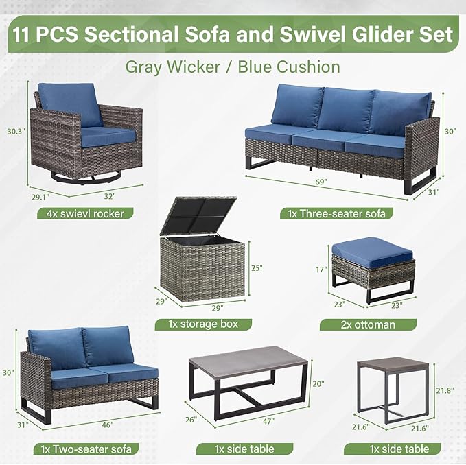 Belord Spacious 11 Pieces Patio Conversation Set - 5-Seater Outdoor Furniture Sectional Sets with Swivel Glider Chairs Set of 4 and Storage Box, Metal Top Coffee Table with Embedded Ottoman Gray