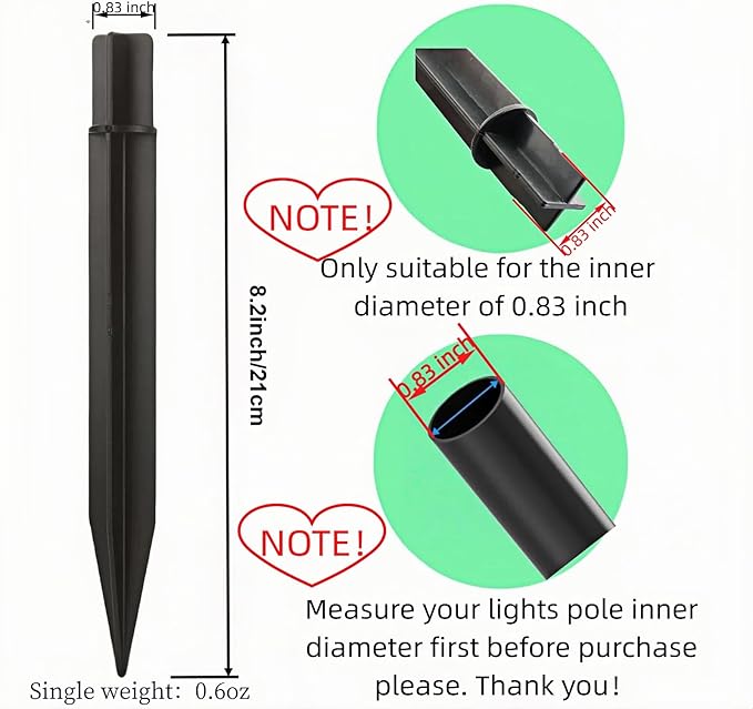 8.25" Reinforced ABS Plastic Solar Ground Spikes - Durable Solar Light Replacement Stakes for Garden, Pathway, Deck, Camping, Christmas Lights (Fits 0.83" Inside Diameter) (Black-6 Pack)