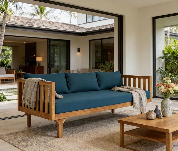 Merax Solid Acacia Wood Couch Chaise Lounge Chair Indoor, 3 Seater Daybed Sofa Couches with Cushions & Pillow, Heavy Frame Day Bed for Living Room, Office, Outdoor, Balcony, Patio, Water Resistant
