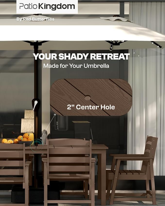 5-Piece Brown Outdoor Dining Set with White 11FT Large Patio Umbrella, 75.2'' HDPE Table & Chairs for 8, Weather-Resistant Furniture with Umbrella Hole for Patio, Lawn, Poolside