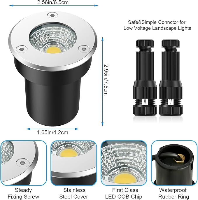 LED Landscape Lights, 12 Pack 7W Ground Lights With 24 Connectors, Low Voltage In-Ground Well Pathway Lighting, Warm White, Waterproof for Driveway, Deck, Step, Garden