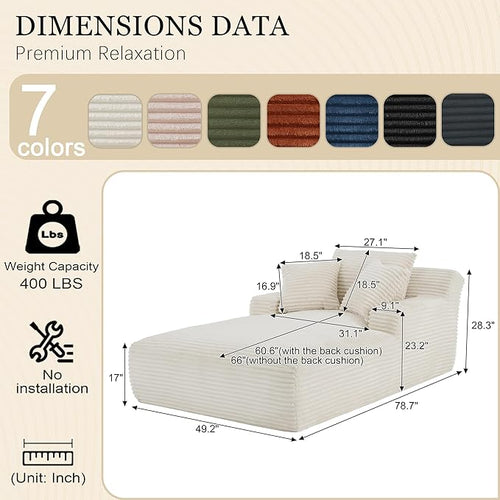80 Inch Chaise Lounge Chair Indoor, Oversized Corduroy Upholstered Boneless Sofa Bed, Deep Seat Sleeper Couch Reading Chairs, Cloud Sofas Couches for Living Room, No Assembly Required (Beige)