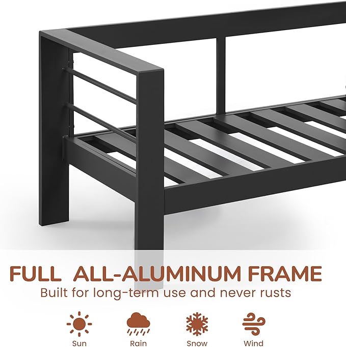 Solaste Aluminum Patio Furniture Set with Fire Pit Table, 4 Piece Metal Outdoor Furniture with Water-Resistant Cushions, Modern Patio Conversation Set for Backyard,Black Frame and Grey Cushion