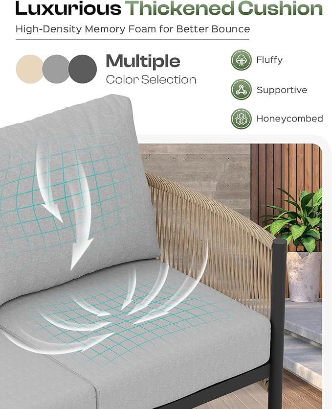 Aluminum Outdoor Patio Furniture Set with Dual-Layer Coffee Table, 4 Piece Modern Patio Conversation Sets with PE Rope, Outdoor Sectional Sofa with Thick Cushions for Balcony, Deck, Gray