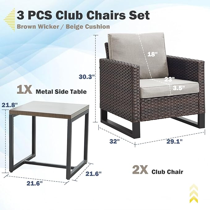 Belord Outdoor Bistro Set 3 Piece Outdoor Wicker Patio Chairs, Oversize Outdoor Rattan Seating Set, All-Weather Chairs Wicker Furniture with Metal Side Table and Removable Cushion for Outside, Brown