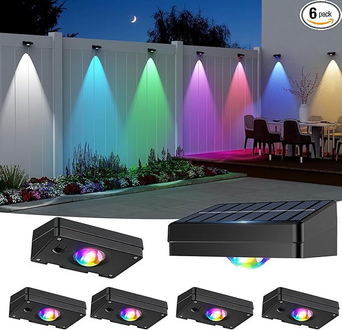 Solar LED Wall Light,RGB Color Changing Spotlight - Waterproof Outdoor Garden Path Lighting,10 Modes Auto On/Off,IP44 ABS Material,30H Runtime No Wiring Needed for Yard & Courtyard (6 P)