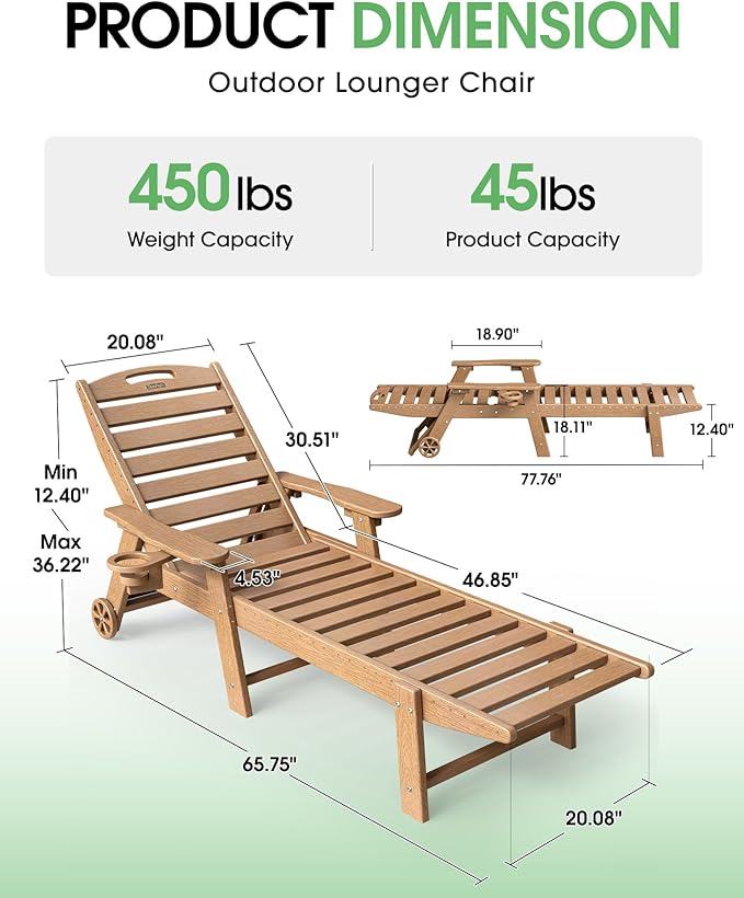 Lounge Chair Outdoor Set of 2, HDPE Chaise Lounge Outdoor, Pool Lounge Chair for Pool Poolside Deck Backyard Patio, Teak