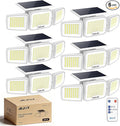 White Solar Security Light Outdoor Super Bright LED, Motion Sensor Flood Light, 3 Heads 270° Wide Angle, Remote Control, IP65 Waterproof, 3 Modes (6 Packs)