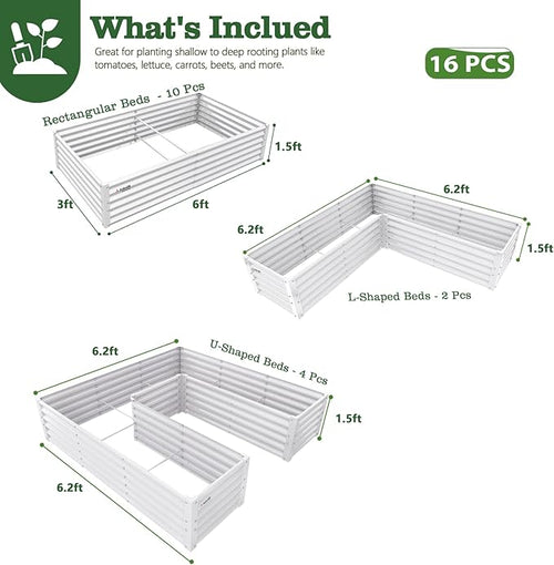 A ANLEOLIFE Set of 16, 18 Inch Tall Galvanized Raised Garden Beds Kit, Rectangular,U-Shaped & L Shaped Metal Planters – Ideal for Backyard Structured Garden Layouts, Antique White