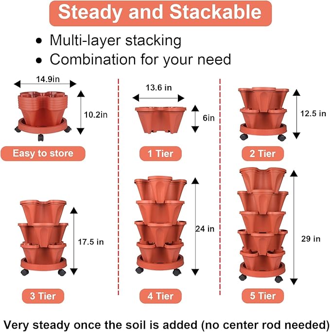 GameXcel Vertical Planter - 5 Tier Stackable Planter-Red