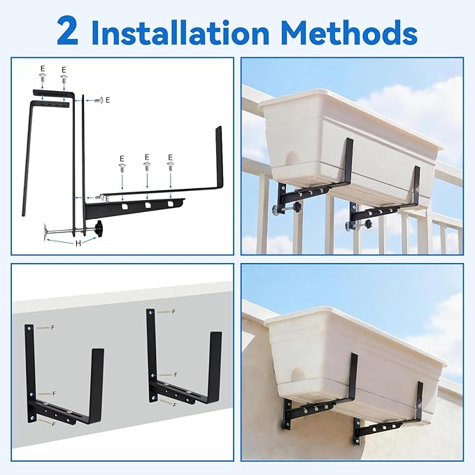 Halatool 4-Pack Heavy Duty Window Box Bracket, Adjustable Wall Mount Planter Holder for Outdoor Window Flower Boxes on Balcony, Porch, Fence, Patio and Garden
