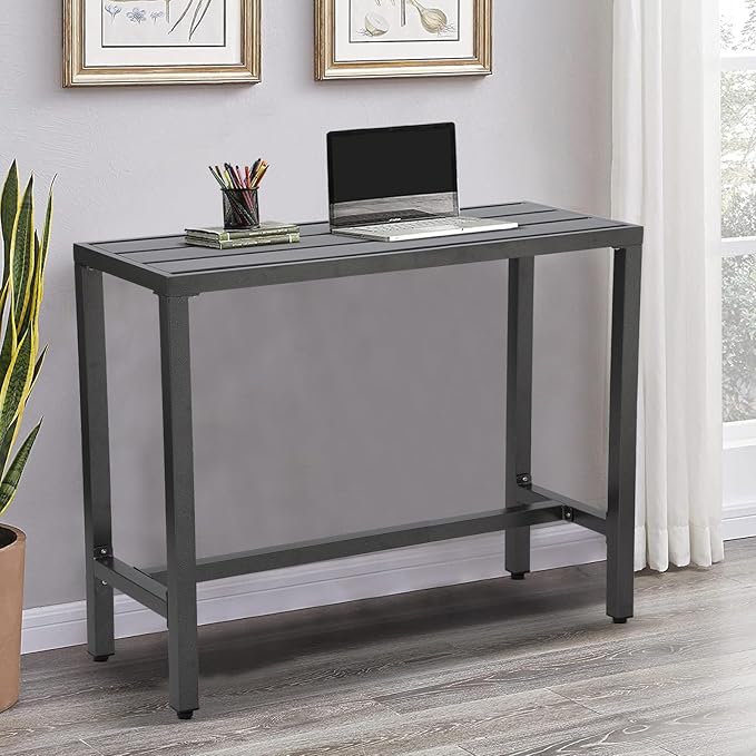 Outdoor Bar Table, Patio Console Pub Height Tables with Powder Coated Steel Frame, Weather Resistant Waterproof Top for Hot Tub, Balcony, Garden, Yard, Poolside (Grey, 55" Bar Table)