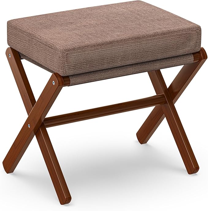Foldable Foot Stool Ottoman, Modern Foot Rest with Bamboo X Legs & Thick Foam Cushion, Folding Foot Stools Small Padded for Bedroom Living Room, Footstool for Chair Couch (Brown - Brown)