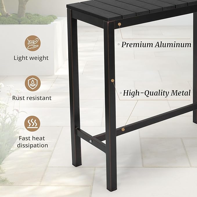 Outdoor Bar Table, 45" Patio Bar Height Counter Console Table, Black Waterproof HDPS Slatted Top and Bronze Leg, Weather Resistant, Hot Tub, Balcony, Yard, Indoor or Outdoor Use