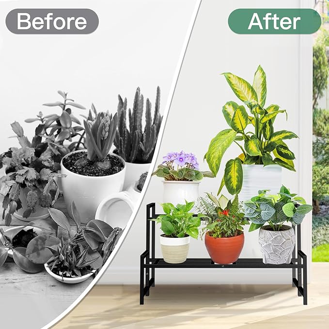 Plant Stand Indoor Outdoor, 2-Tier Wrought Iron Plant Stands, Stackable Metal Plant Shelf Decorative Outdoor Flower Stand Heavy Duty Pedestal Stands for Garden Deck Living Room, Black