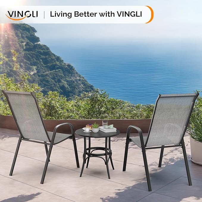 VINGLI Set of 2 Stackable Outdoor Bar Stools – Sling Chairs with High Back & Armrests, for Lawn, Garden, Bar, Grey