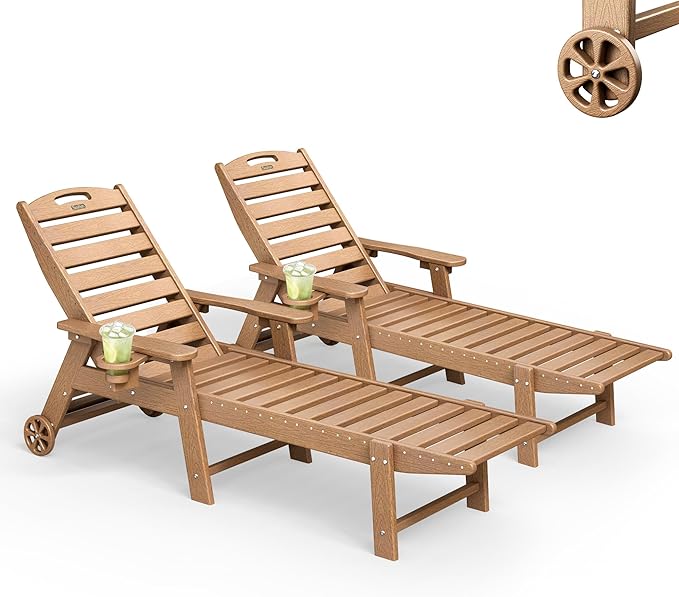 Lounge Chair Outdoor Set of 2, HDPE Chaise Lounge Outdoor, Pool Lounge Chair for Pool Poolside Deck Backyard Patio, Teak