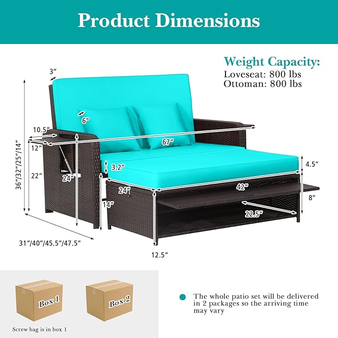 Tangkula Patio Rattan Daybed with 4-Level Adjustable Backrest, Outdoor PE Wicker Loveseat with Storage Ottoman & Folding Side Tray, Double Sunbed Lounger for Balcony, Backyard & Poolside, Turquoise