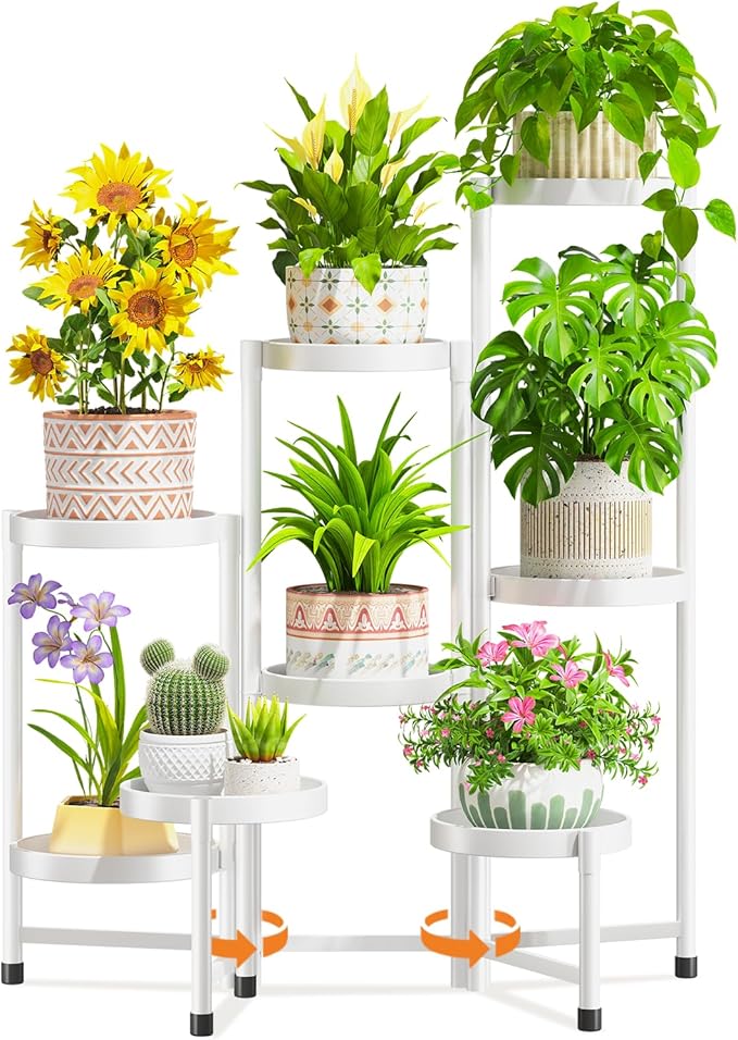 LASZOLA 8 Tiered Folding Tall Plant Stand Indoor for Multiple Large Planter, Heavy Duty Metal Adjustable Flower Rack for Narrow Corner, Sturdy Vertical Spiral Shelving Holder for Modern House, White