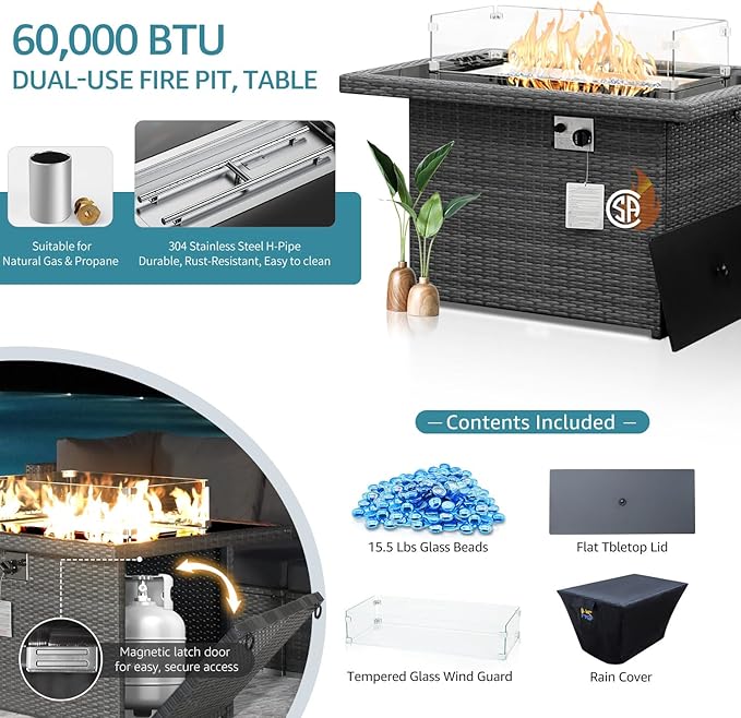 NICESOUL 7 Piece Large Modern Patio Furniture Set with Propane/Gas Firepit Table, 29.3'' High Back Comfy Wicker Sectional Sofa Couches with Fire Pit, Outdoor Deep Conversation, Fade-Proof, Turquoise