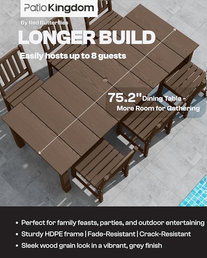 7-Piece Brown Outdoor Dining Set with Beige 11FT Large Patio Umbrella, 75.2'' HDPE Table & Chairs for 6, Weather-Resistant Furniture with Umbrella Hole for Patio, Lawn, Poolside
