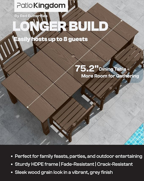 7-Piece Brown Outdoor Dining Set with Beige 11FT Large Patio Umbrella, 75.2'' HDPE Table & Chairs for 6, Weather-Resistant Furniture with Umbrella Hole for Patio, Lawn, Poolside