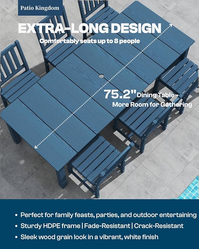 5-Piece Blue Outdoor Dining Set with White 15FT Large Patio Umbrella, 75.2'' HDPE Table & Chairs for 8, Weather-Resistant Furniture with Umbrella Hole for Patio, Lawn, Poolside
