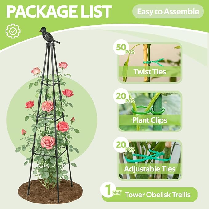 Garden Trellis for Climbing Plants Outdoor - Rustproof Plastic Coated Steel Core Tower Obelisk Trellis - Metal Teepee Trellis Vertical Plant Support for Vines Vegetables Flowers Indoor