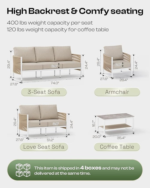 Aluminum Outdoor Patio Couch, 3 Seats HDPE Rope Patio Sofa with Washable Thick Cushion, All-Weather Patio Furniture for Balcony, Yard, White Frame, Ivory