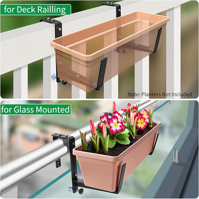 Window Box Brackets, Adjustable Planter Box Brackets, Heavy Duty Iron Flower Box Brackets for Railings, with Enhanced Bottom Support - Perfect for Balconies, Fences, and Gardens (Black, 6 Pack)