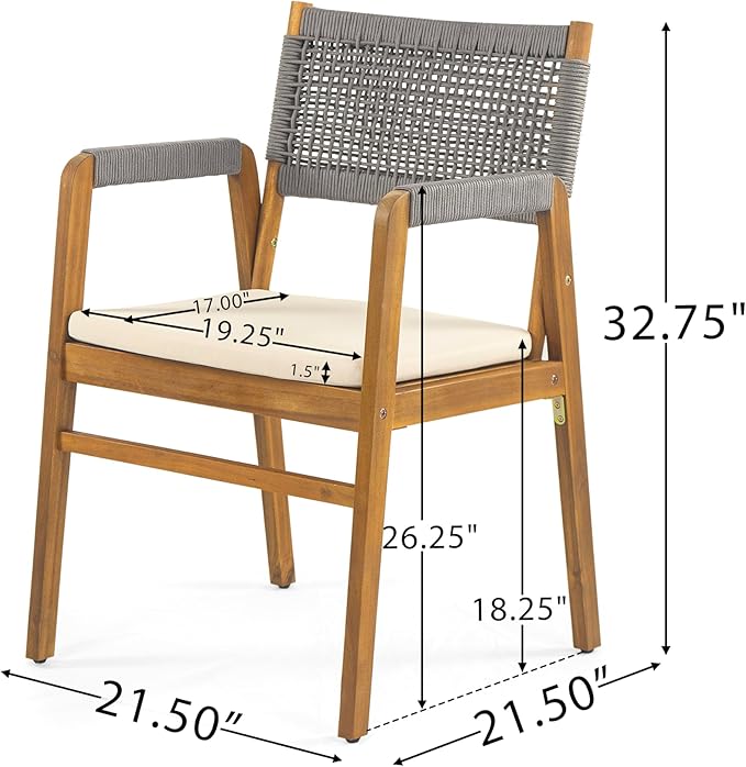 Christopher Knight Home Pasco Acacia Wood Outdoor Dining Table Set for 6, Wicker Patio Dining Set with Acacia Wood Table and Bench, Patio Table and Chair Set with Cushion+Rope Backrest,Brown+Teak+Grey