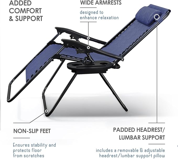 Nestl Zero Gravity Chairs, Portable Patio Lounge Chair Outdoor with Pillows & Cup Holder Trays, Adjustable Steel Mesh Reclining Camping Chair, Folding Patio Lawn Chair for Deck, Beach, Yard - Blue