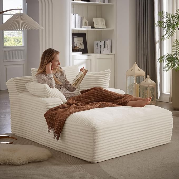 67 Inch Chaise Lounge Chair Indoor, Oversized Corduroy Upholstered Boneless Sofa Bed, Deep Seat Sleeper Couch Reading Chairs, Cloud Sofas Couches for Living Room, No Assembly Required (Beige)