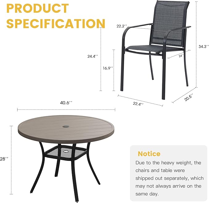 VICLLAX 5 Pieces Patio Dining Set for 4, Outdoor Furniture Set Includes 40.7" Round Patio Table and 4 Patio Stackable Chairs, Grey Wood Grain Tabletop and Grey Fabric