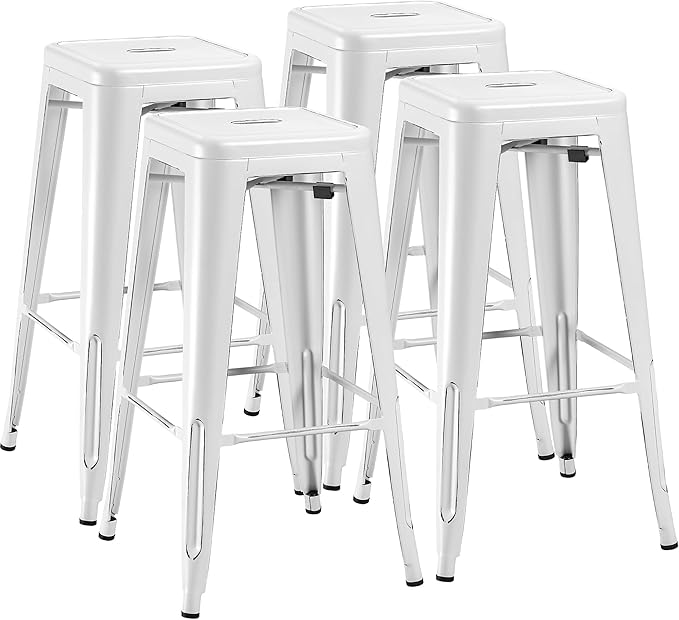 Furmax 30 Inch Metal Bar Stools Set of 4, Counter Height Backless Stools, Industrial Bar Chairs Patio Stool Stackable Backless Stool for Kitchen/Dining Room/Bistro Indoor Outdoor (Distressed White)