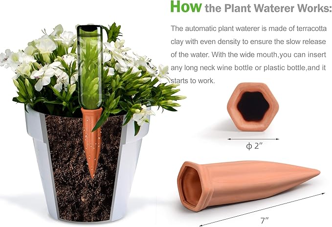 B SEPOR Ceramic Plant Waterer Set of 6 Pack Terracotta Self Watering Spikes,Wine Bottle Plant Watering Devices for Vacation (6Pack)