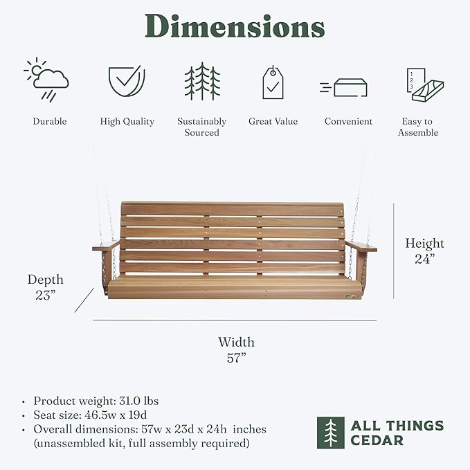 All Things Cedar Wooden Porch Swing, Outdoor Patio Furniture, 4 Foot, Natural