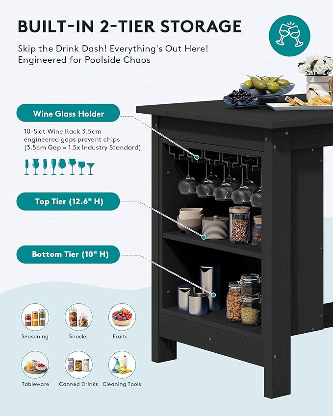SERWALL 10-Piece HDPE Counter Height Dining Table Sets with Storage and Wine Rack, 2 Rectangular Bar Table with Bar Stools Set of 8 for Garden, Backyard, Kitchen, Black