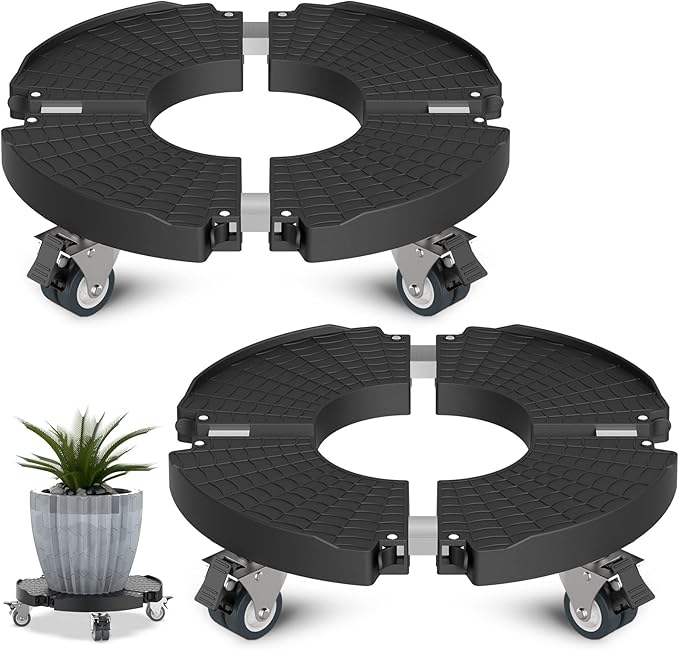 Goovilla Plant Stand with Wheels Heavy Duty, 2Pack Adjustable 15-22 Plant Caddy with Lockable Caster Wheels 440LBS, Rolling Plant Stand/Dolly/Roller for Indoor Outdoor Large Planter, Flower Pot,Black