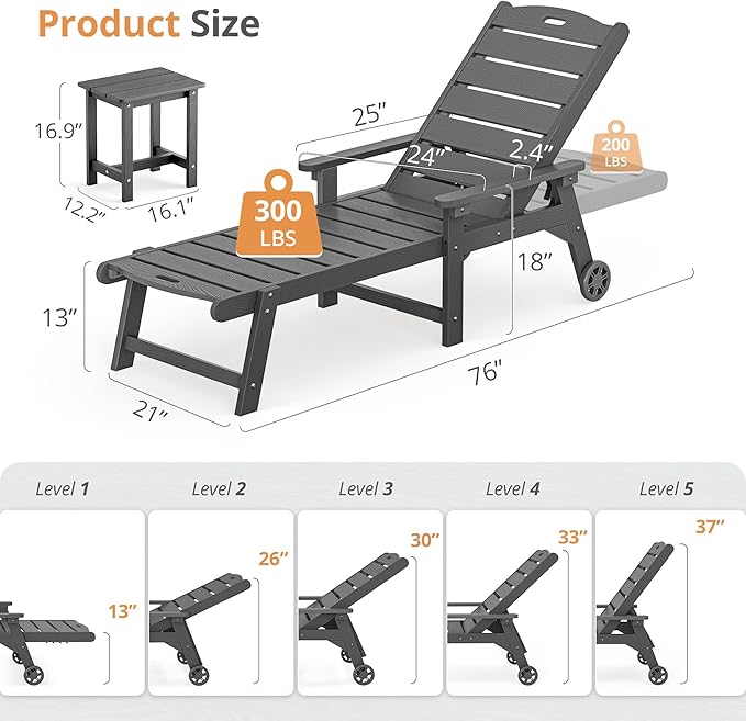 LUE BONA Chaise Lounge Chair with Table, 6-Piece, HDPS Chaise Lounger, 5 Positions Adjustable Lounge Chairs, Pool Lounge Chair with Wheels for Poolside, Backyard, Dark Gray