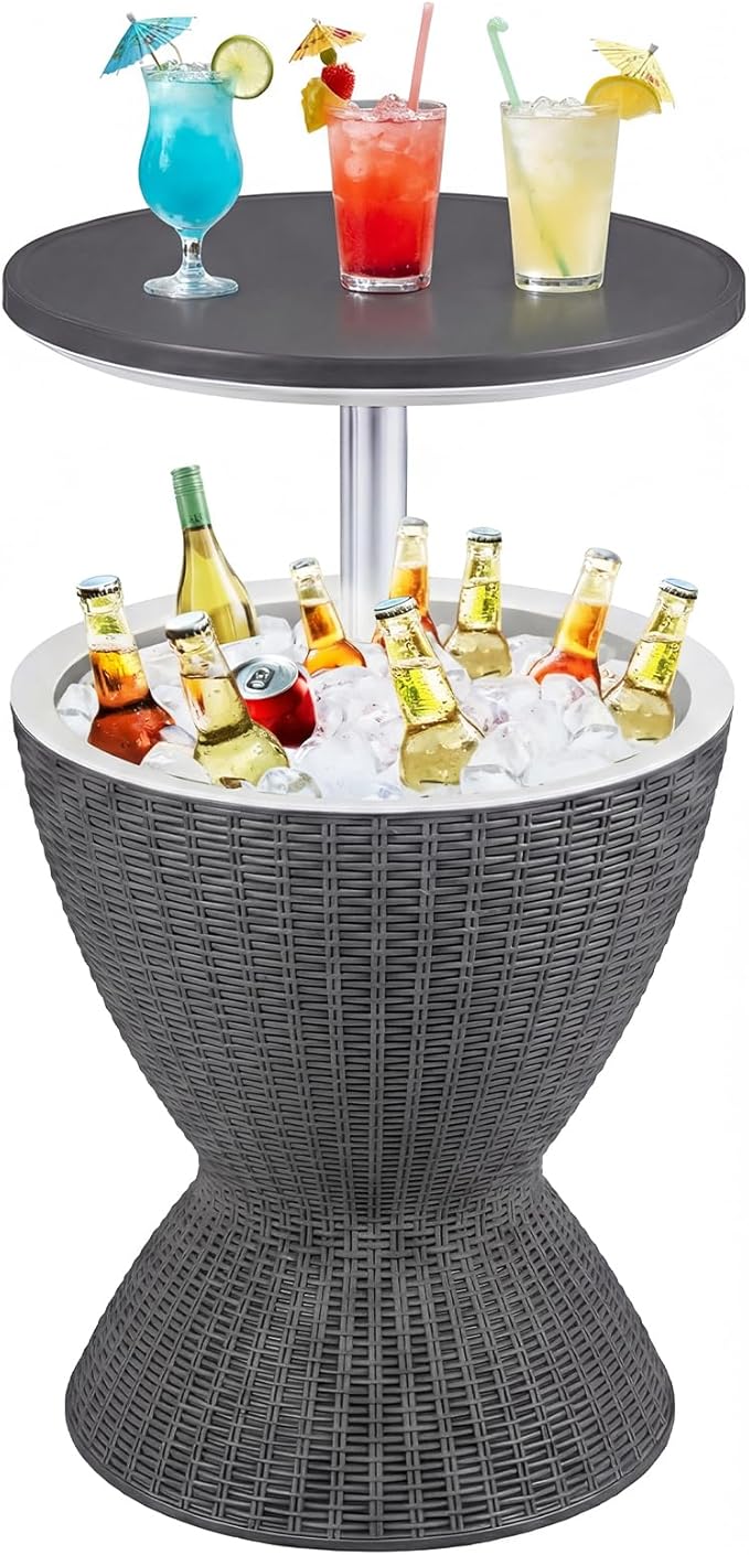 Tangkula Outdoor Cool Bar Table, Rattan Patio 8 Gallon Beer & Wine Cooler, All-Weather Ice Bucket w/Height Adjustable Top, Drainage Plug, 3-in-1 Cocktail Bar Table for Party, Barbecue, Picnic (Grey)