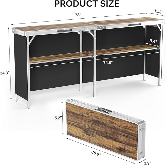 VINGLI 78" Portable Bar Table, 2-Tier Shelves, Mobile Bar Table for Events, Party, Camping, Picnic, Tradeshow, Indoor with Black Skirt