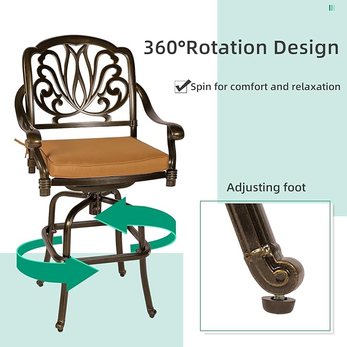 VIVIJASON 5-Piece Patio Swivel Bar Stools Set, All Weather Cast Aluminum Outdoor Bar Height Bistro Set with 4 Cushioned Bar Chairs & 35.4" High Bar Table w/Umbrella Hole for Backyard, Lawn, Garden