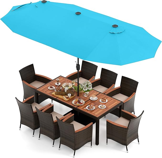 Tangkula 11 Piece Rattan Outdoor Dining Set with 15Ft Patio Umbrella for 8, Outdoor Wicker Table Set with 8 Cushioned Armchairs, Acacia Wood Top, Outdoor Umbrella with Base Included