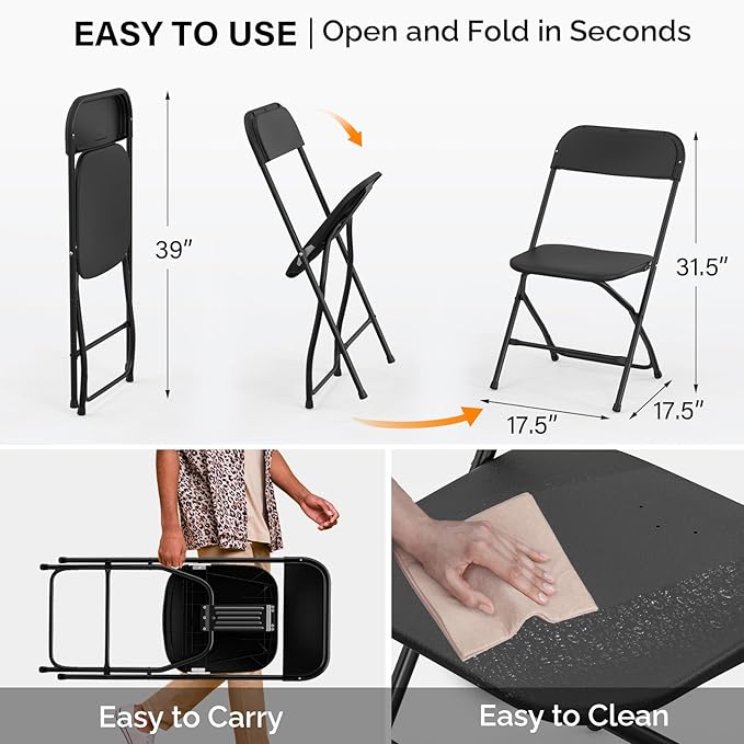 VINGLI 4 Pack Black Plastic Folding Chair, Indoor Outdoor Portable Stackable Commercial Seat with Steel Frame 350lb. Capacity for Events Office Wedding Party Picnic Kitchen Dining