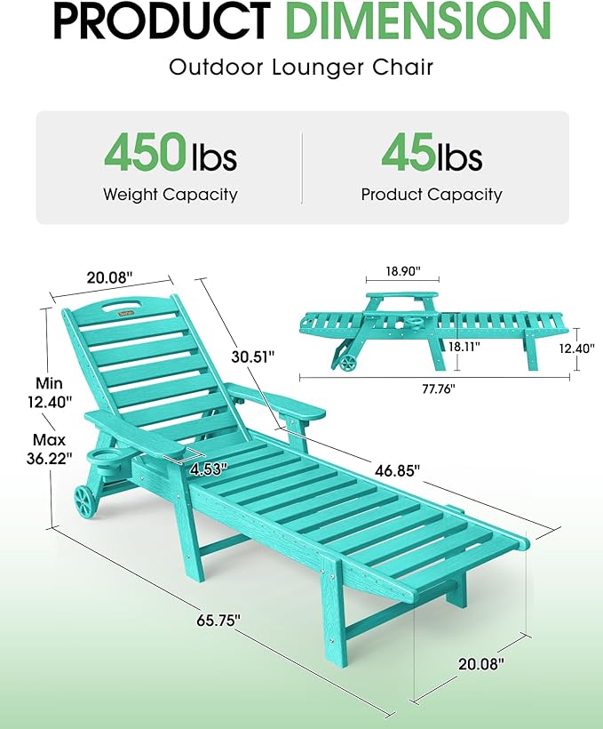 Lounge Chair Outdoor Set of 2, HDPE Chaise Lounge Outdoor with 6-Position & Wheels &Cup Holder, Pool Lounge Chair for Pool Poolside Deck Backyard Patio, Lake Blue