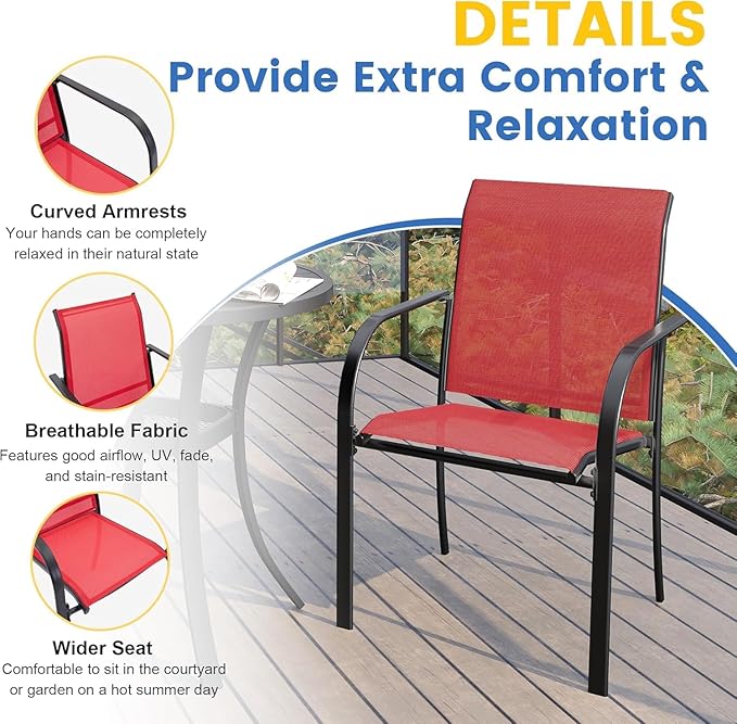 VICLLAX Patio Dining Set for 6, All Weather Metal Outdoor Furniture Set- 47" Round Patio Table and Chairs, Black Tabletop and Red Fabric