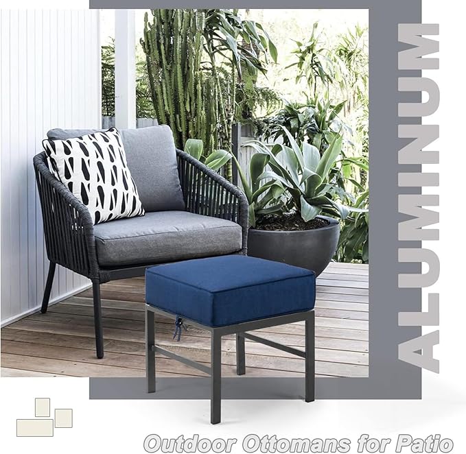 2 Pieces Outdoor Ottomans for Patio, Assembled Patio Ottomans with Bule Cushions, Metal Small Outdoor Footrest for Patio Porch Yard Garden Deck, Gray Frame